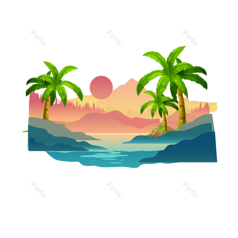 潮流图片,山水插画元素,渐变PNG,免抠素材